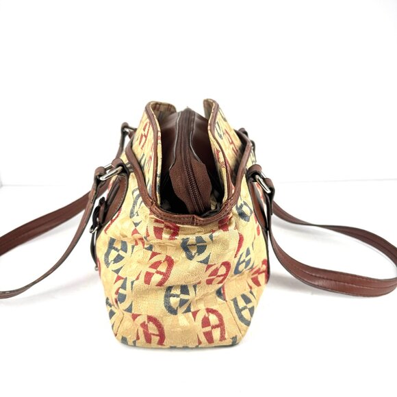 Etienne Aigner Monogram Canvas Shoulder Tote Brown Faux Leather Trim - Picture 3 of 16